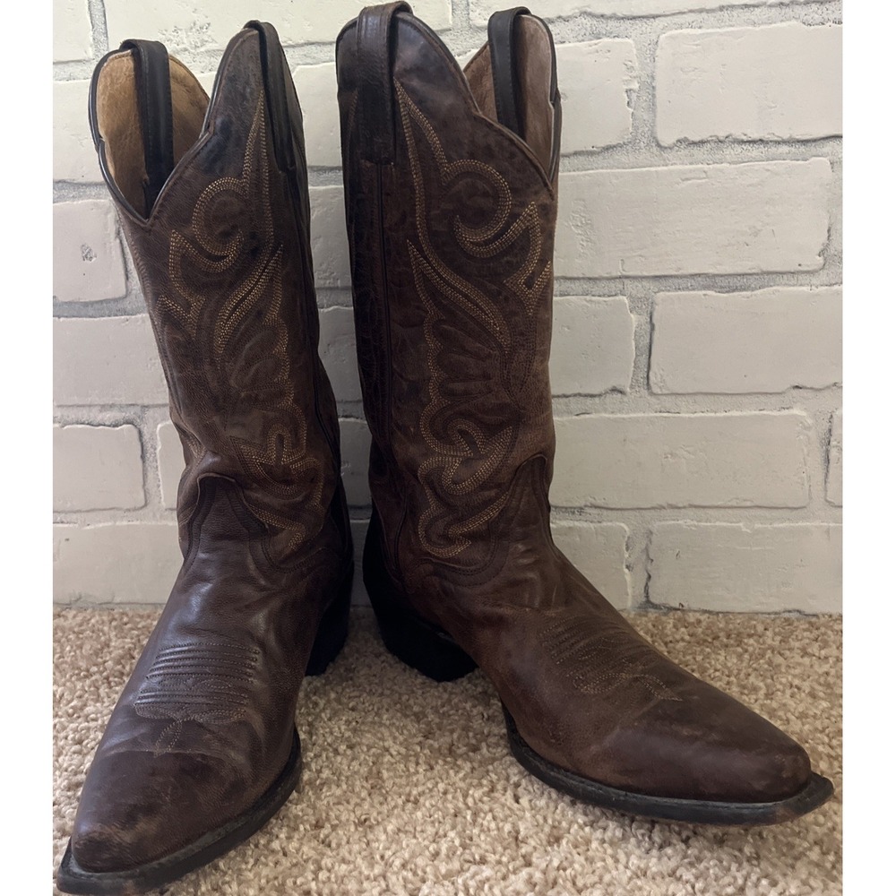 J.B. Dillon Western Distressed Brown Goat Leather Embroider Cowboy Boots Mens 9B